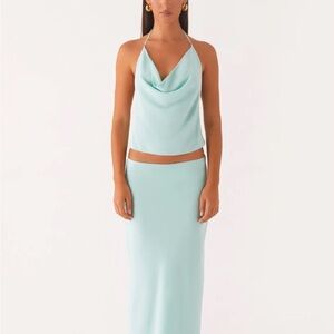 Light Aqua Cowl Neck Halter Top and Maxi Skirt Set